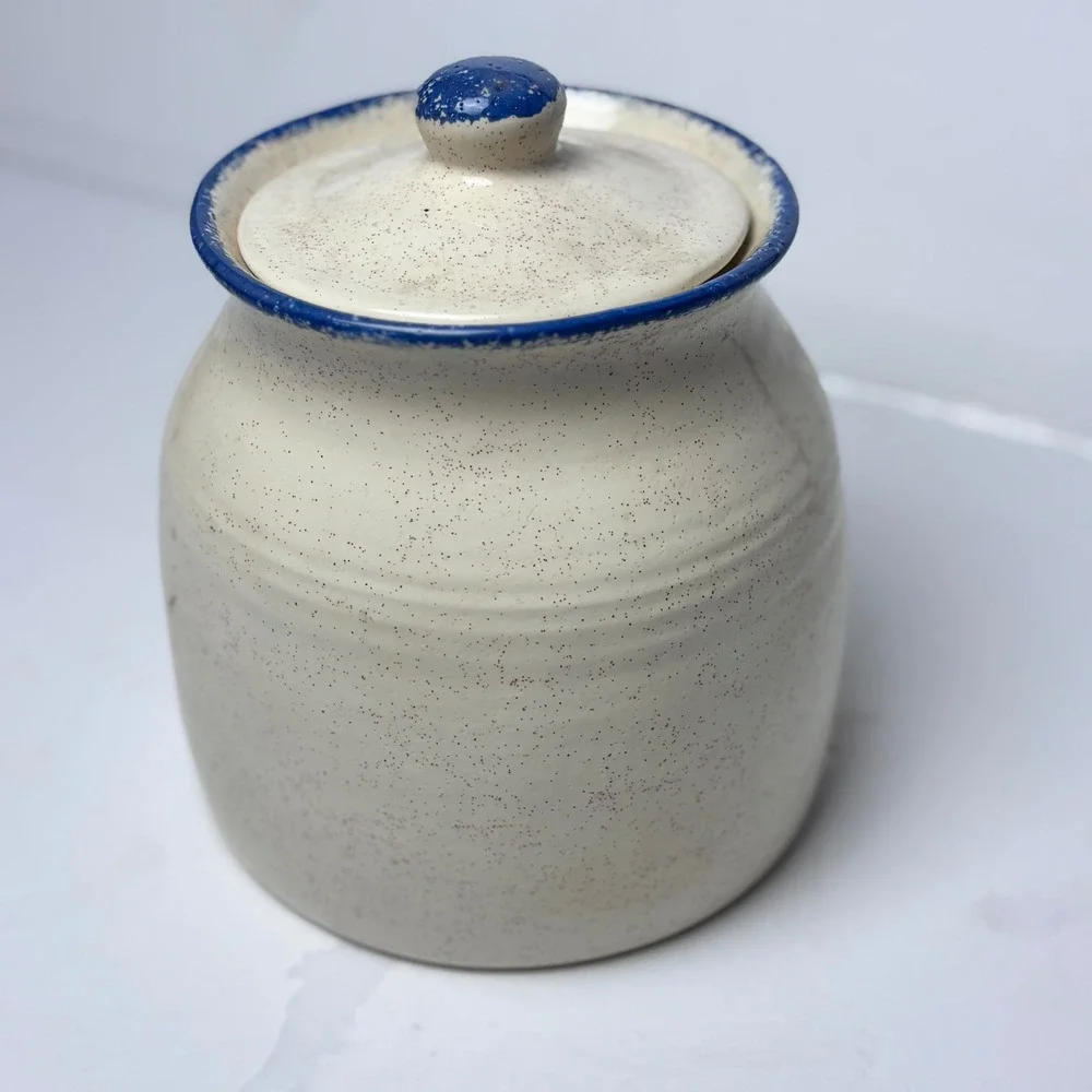 Vintage Style Speckled Stoneware‎ Apple Cookie Jar Canister Farmhouse Blue Cream